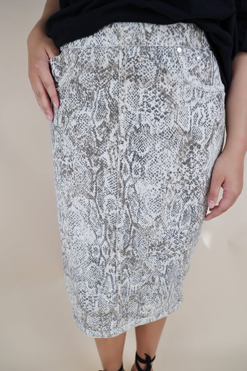 Reversible Khaki Snake Print Stretchy Denim Skirt Skirted Fancy