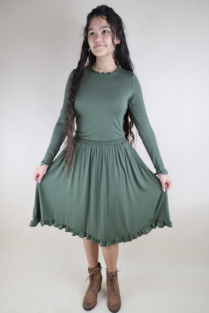 Olive Ruffled Edge Long Sleeve Top & Full Skirt Loungewear Set