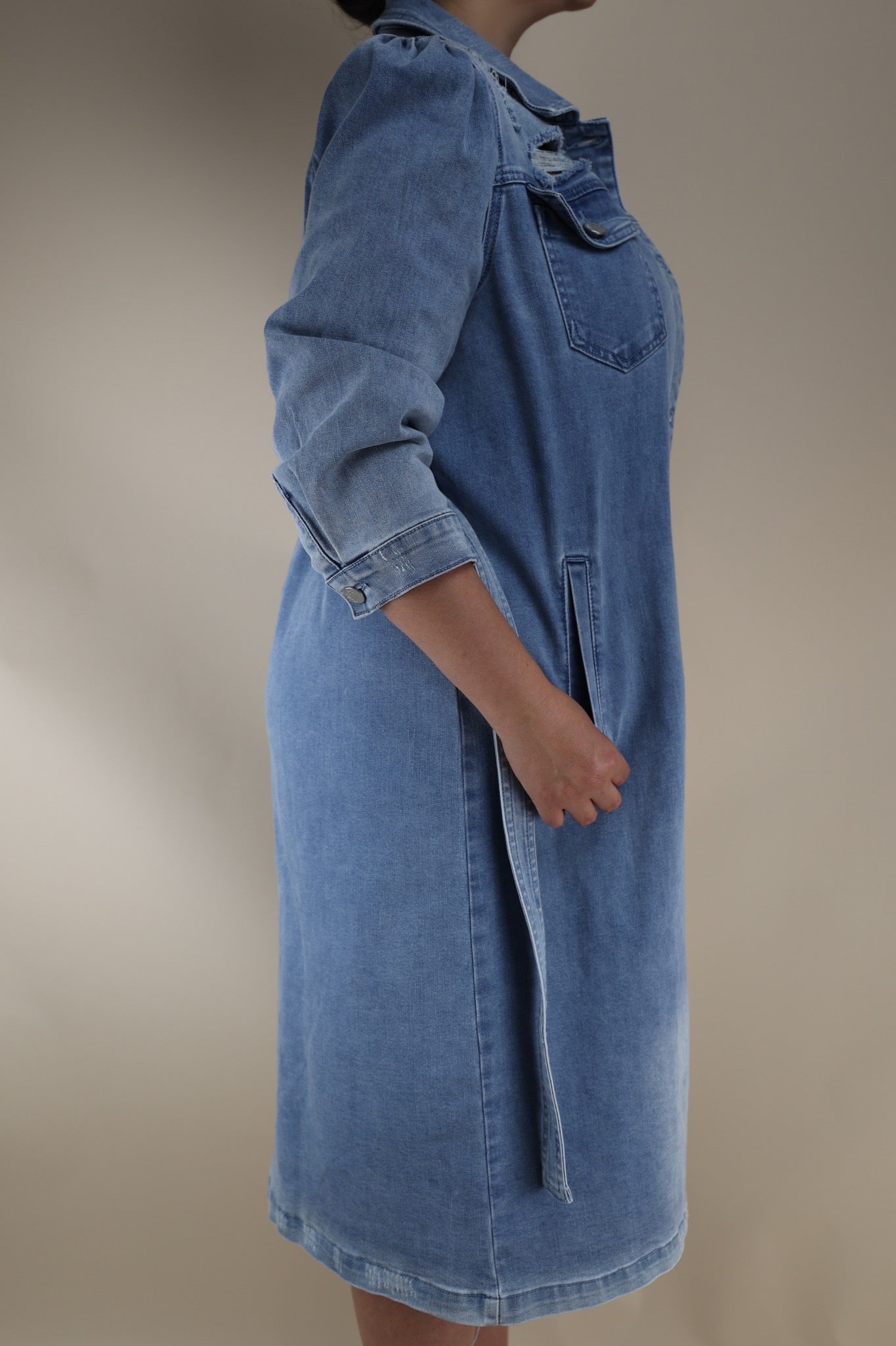 Distressed Stretch Denim Jacket Dress Skirted Fancy Distressed Stretch Denim Jacket Dress Skirted Fancy