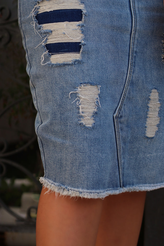 Blue Dual Denim Structured (NOT Stretchy) Distressed Denim Skirt