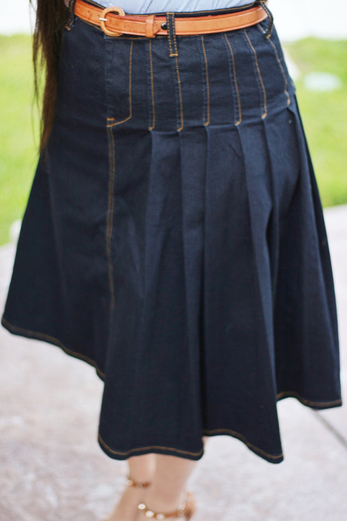OVERSTOCK/FINAL SALE: Indigo Partially Pleated A-Line Stretchy Denim Skirt