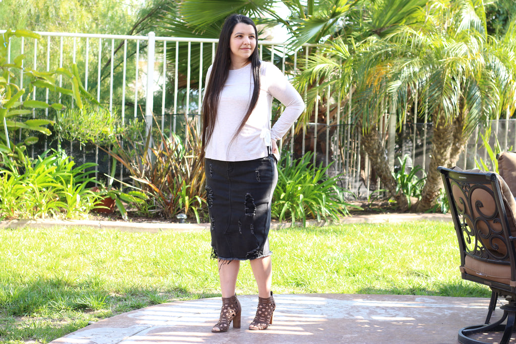 Black Stretchy Super Distressed Denim Skirt