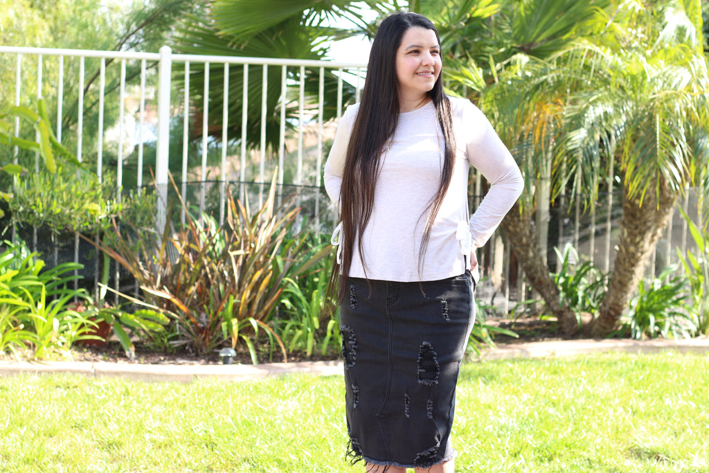 Black Stretchy Super Distressed Denim Skirt