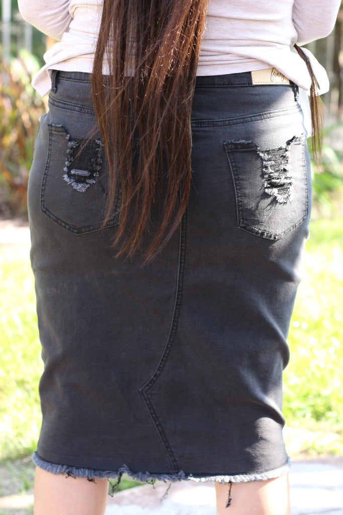 Black Stretchy Super Distressed Denim Skirt