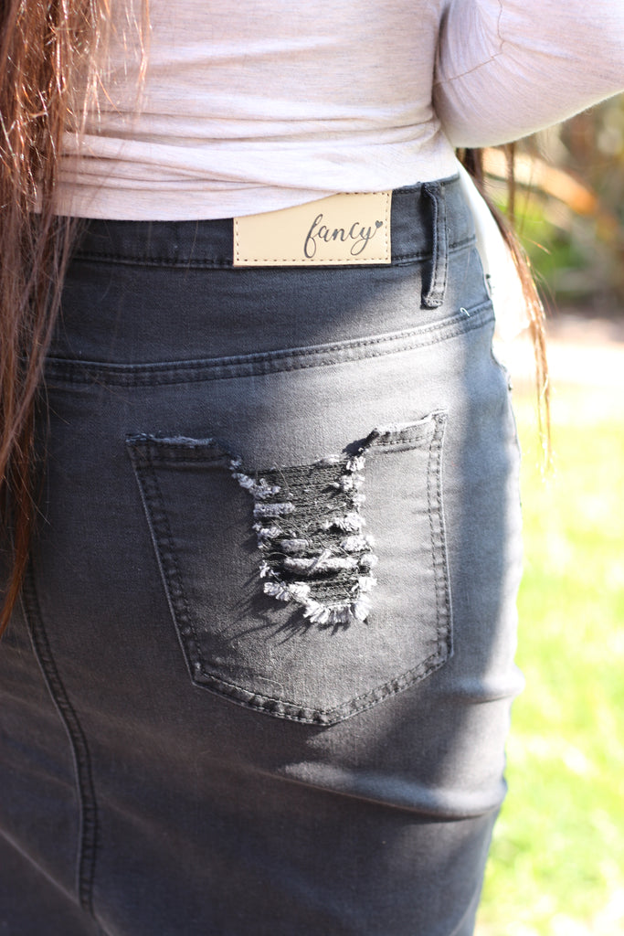 Black Stretchy Super Distressed Denim Skirt