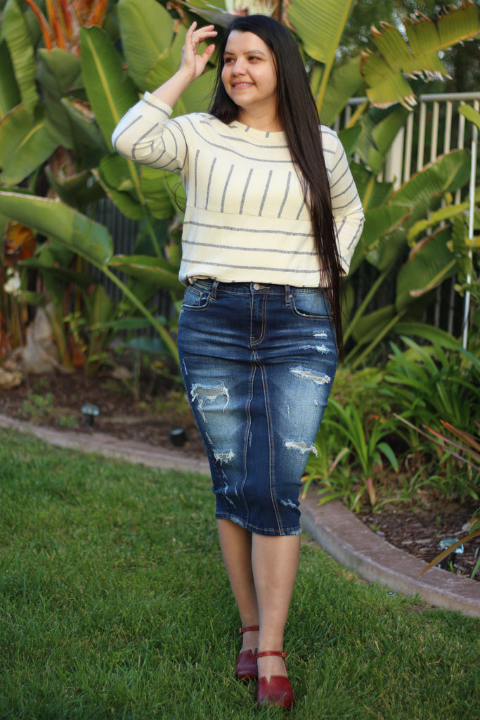 Dark Blue Distressed Stretchy Denim Skirt