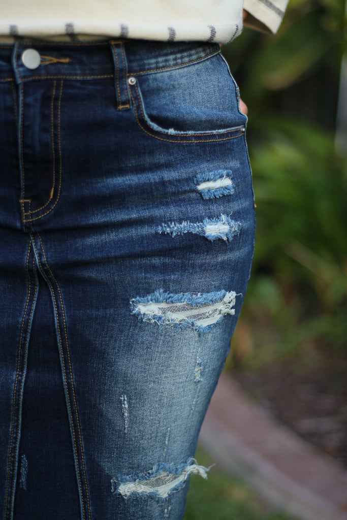 Dark Blue Distressed Stretchy Denim Skirt