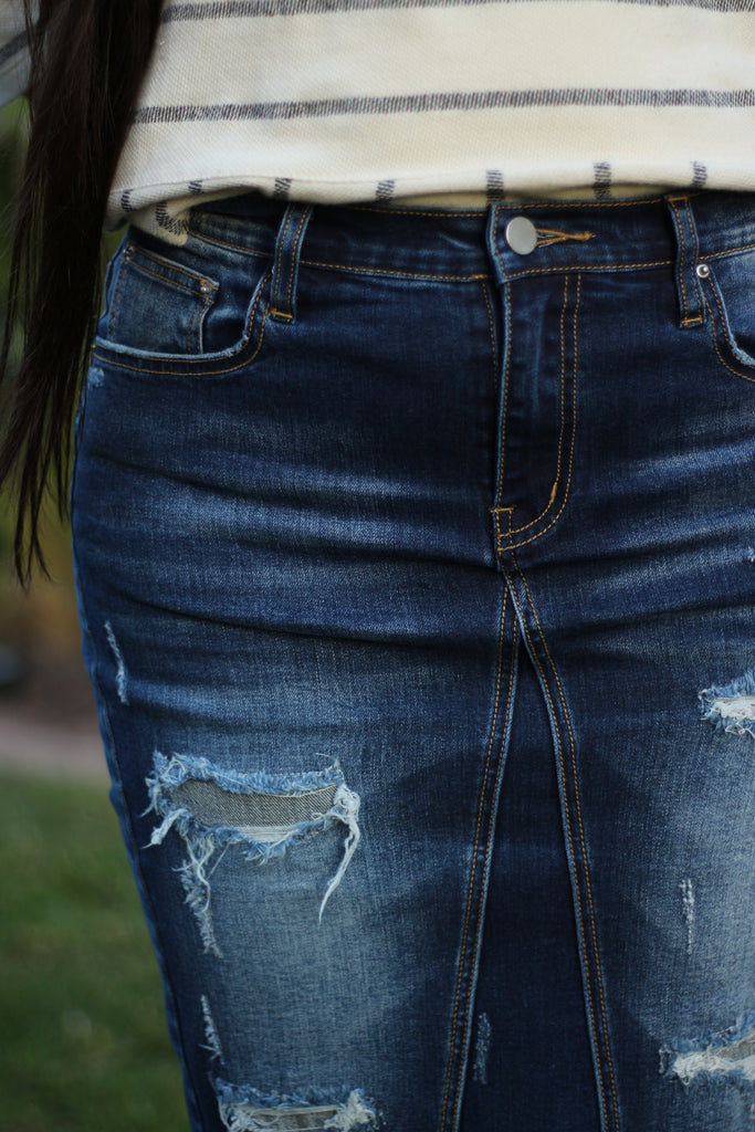 Dark Blue Distressed Stretchy Denim Skirt