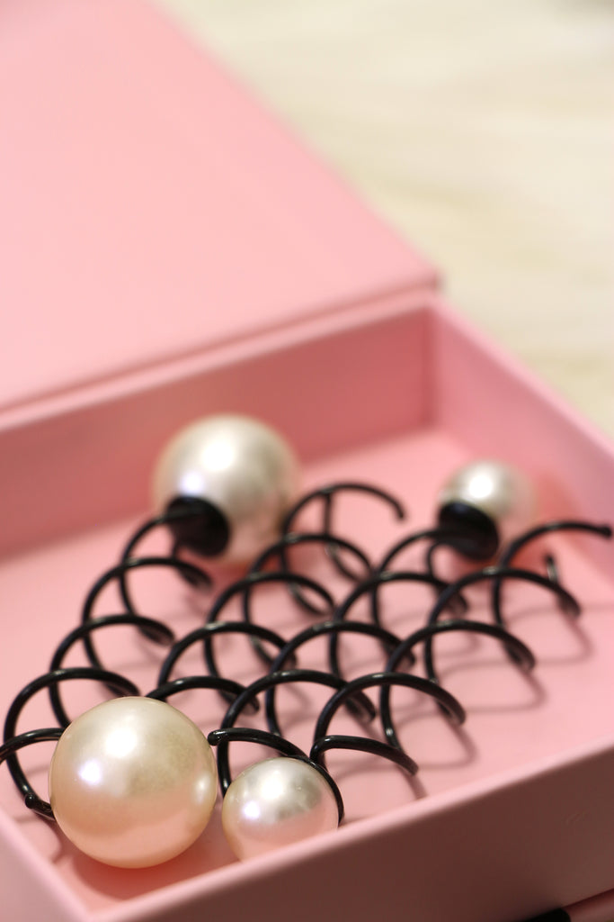 Black Spiral Hair Pin in White Pearl - Set of 4 (2 small, 2 large)