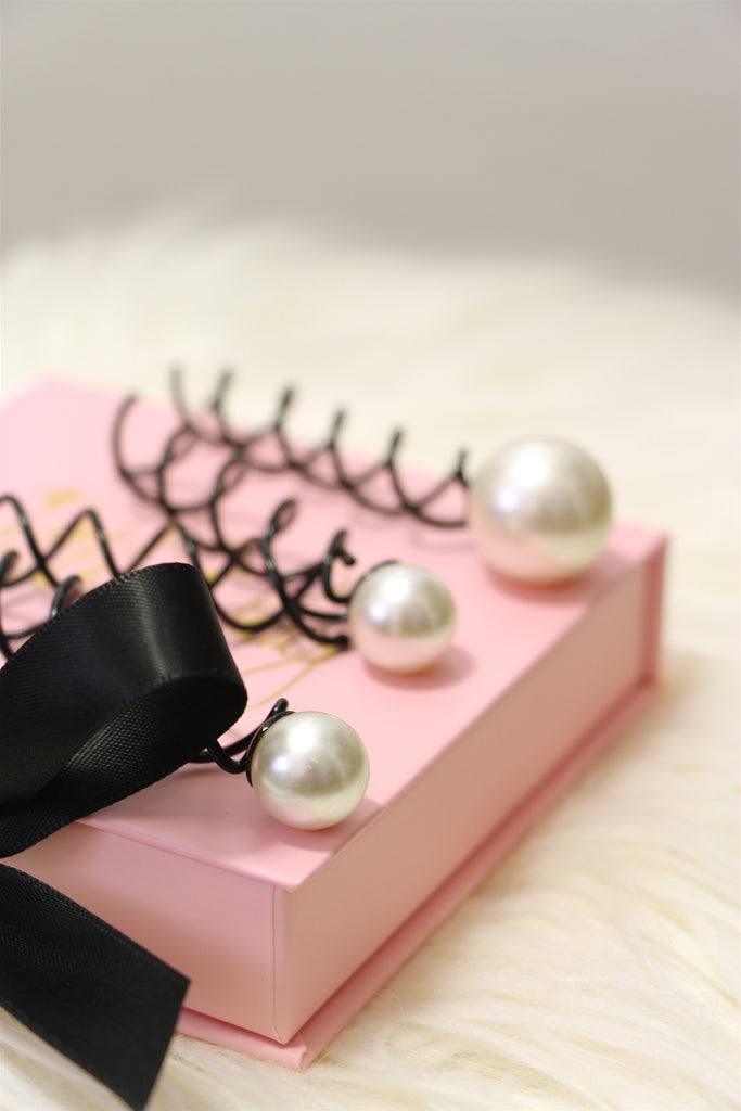 Black Spiral Hair Pin in White Pearl - Set of 4 (2 small, 2 large)