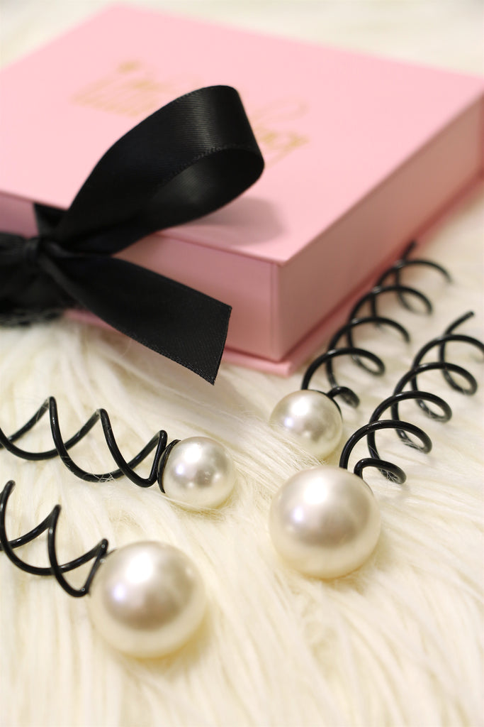 Black Spiral Hair Pin in White Pearl - Set of 4 (2 small, 2 large)