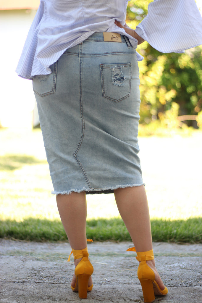 Light Wash Stretchy Distressed Denim Skirt