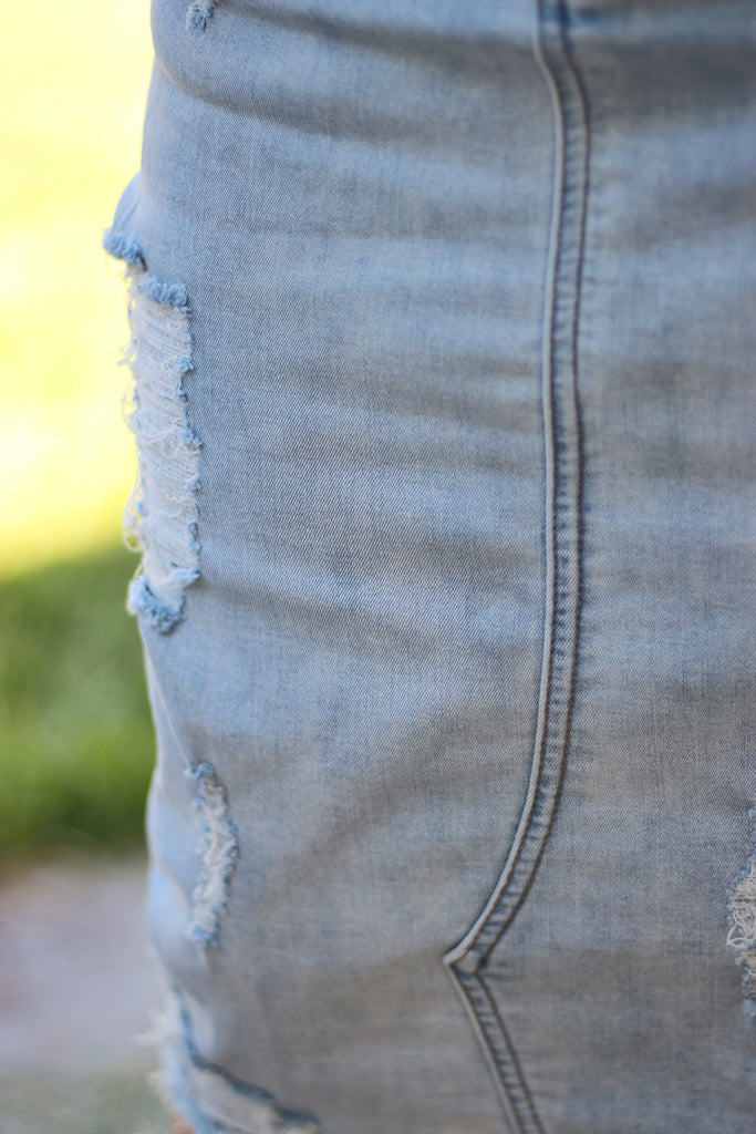 Light Wash Stretchy Distressed Denim Skirt