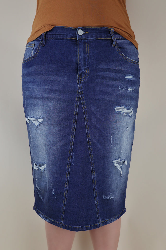 Dark Blue Distressed Stretchy Denim Skirt