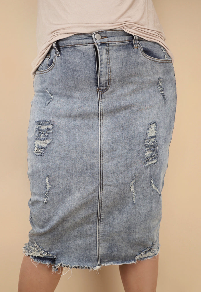 Light Wash Stretchy Distressed Denim Skirt