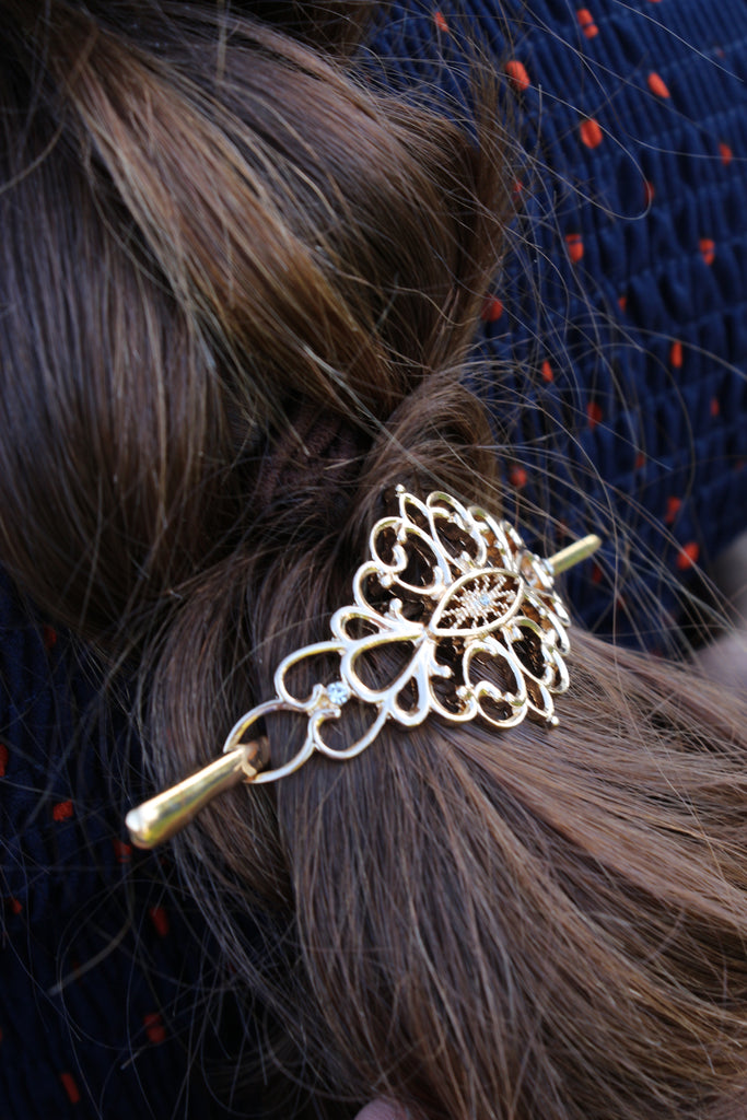 Ornate Gold Metal Two-Piece Hair Barrette