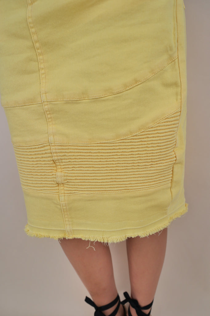 Yellow Stretchy Denim Moto Skirt