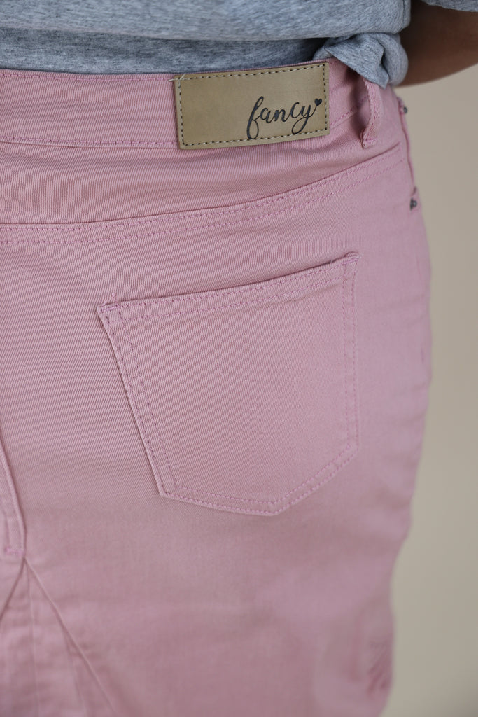 Pink Stretchy Denim Moto Skirt