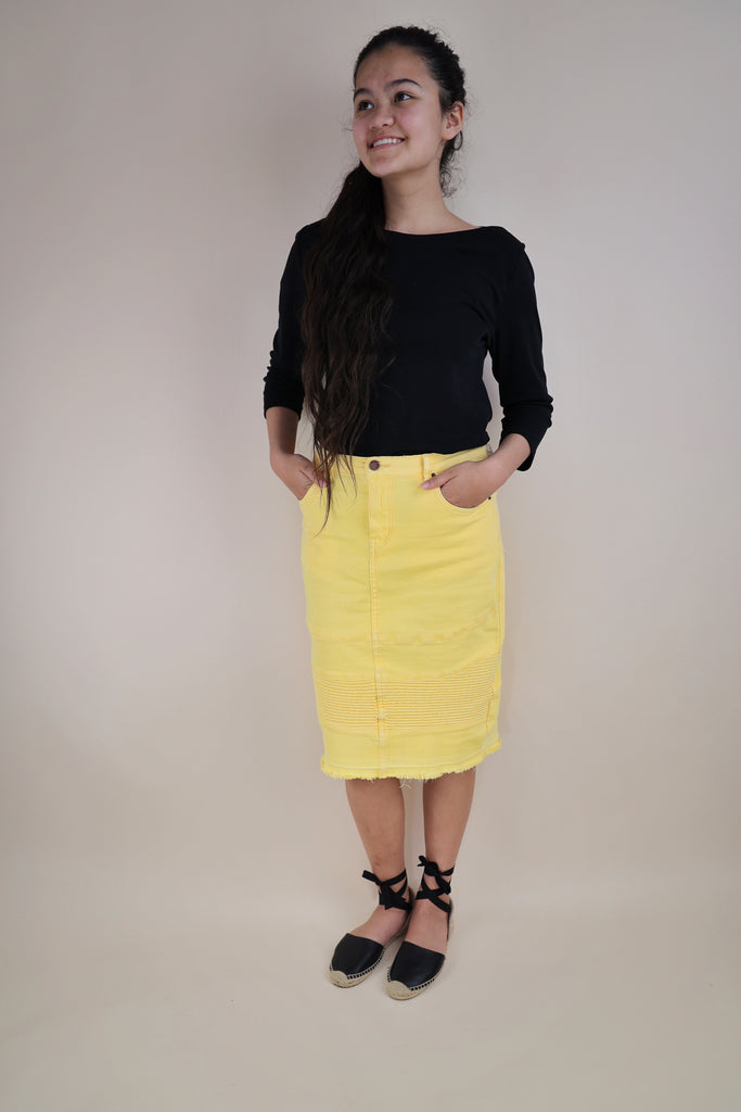 Yellow Stretchy Denim Moto Skirt