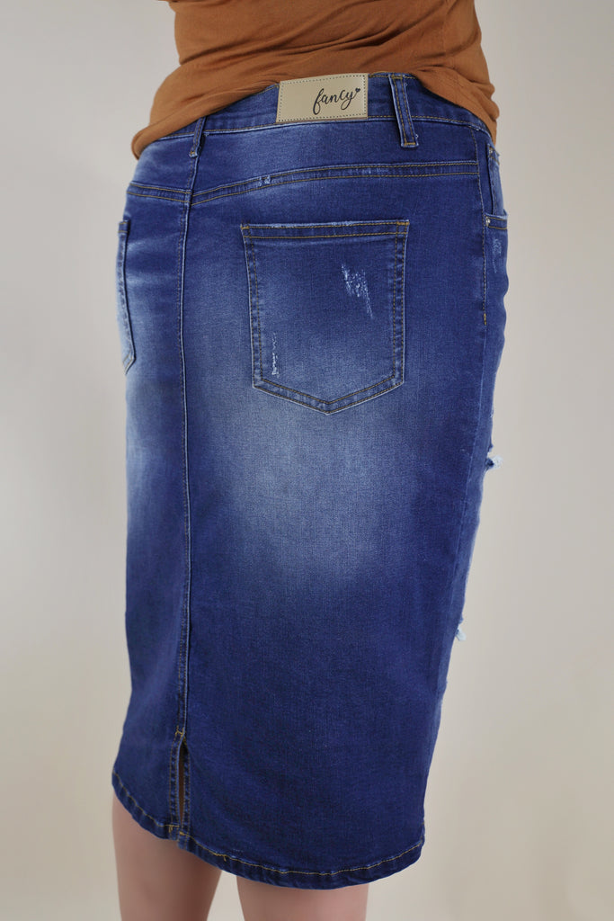 Dark Blue Distressed Stretchy Denim Skirt