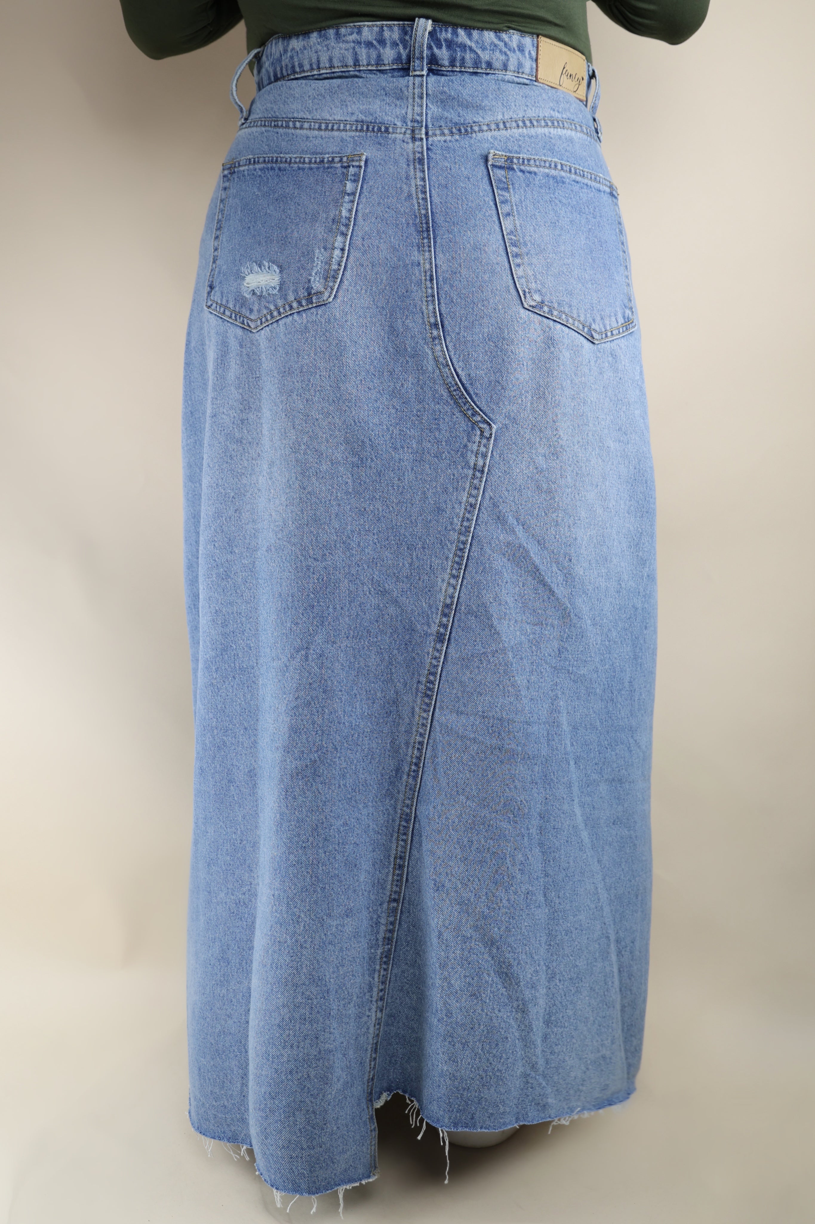 Distressed logo denim skirt