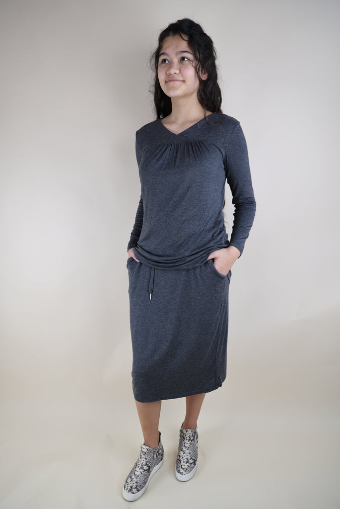 Charcoal V-neck Top and Pencil Skirt Loungewear Set