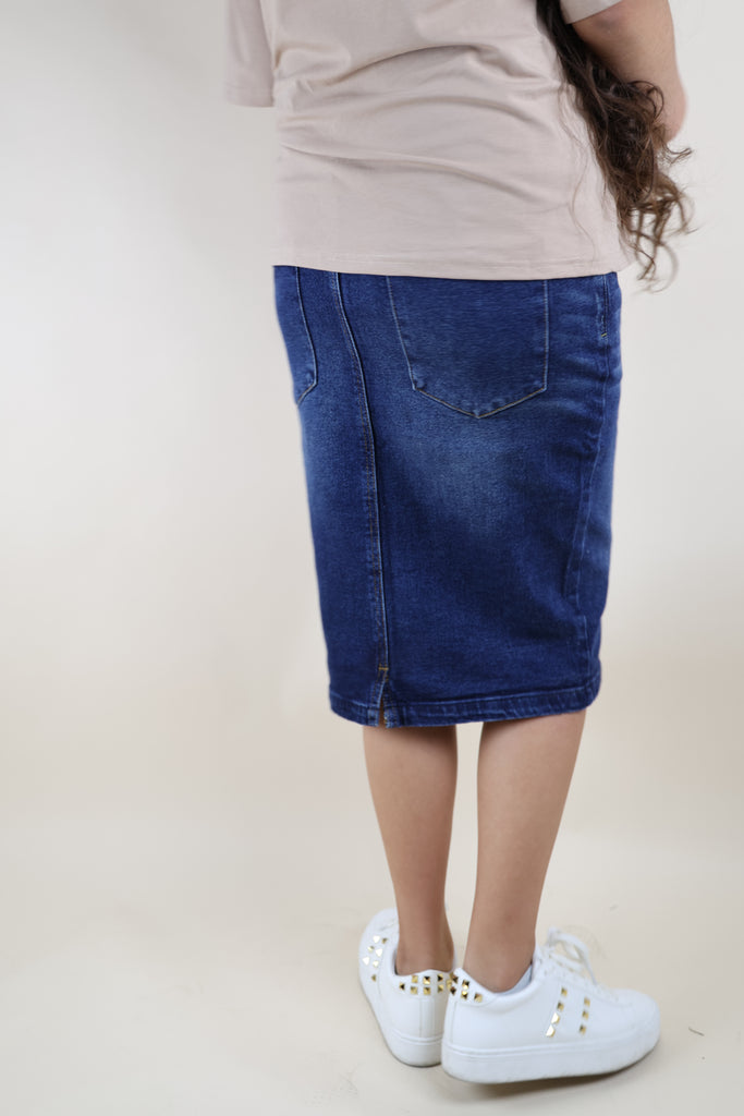 Dark Blue Maternity Elastic Waist Denim Skirt