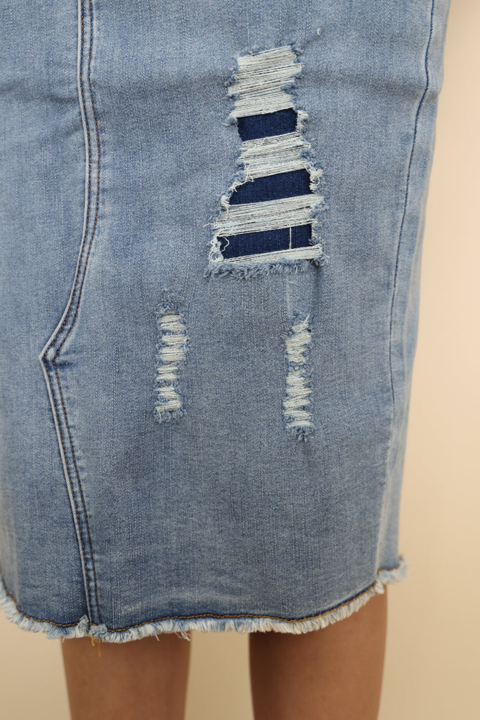 Blue Dual Denim Distressed Stretchy Denim Skirt