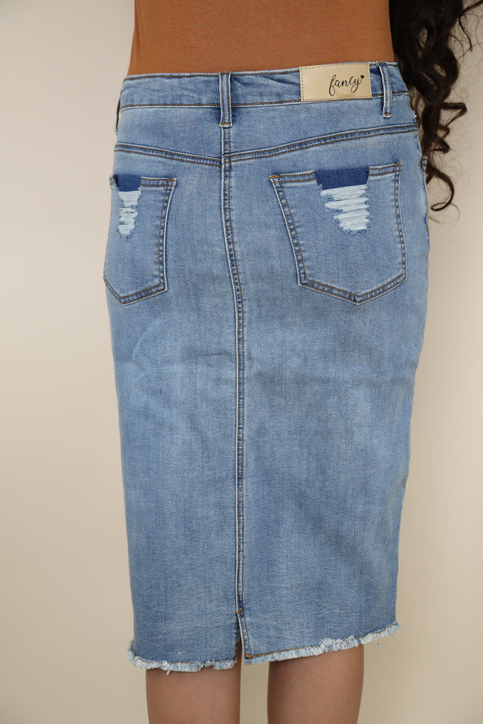 Blue Dual Denim Distressed Stretchy Denim Skirt