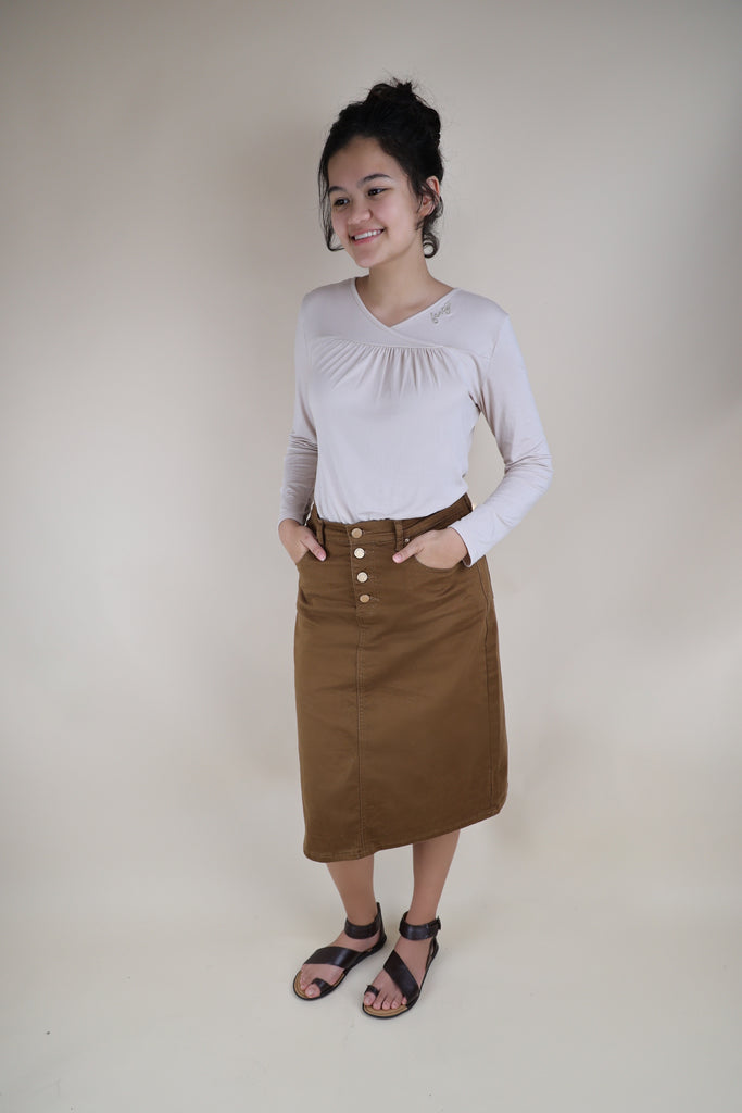 Cognac A-line Stretchy Denim Skirt