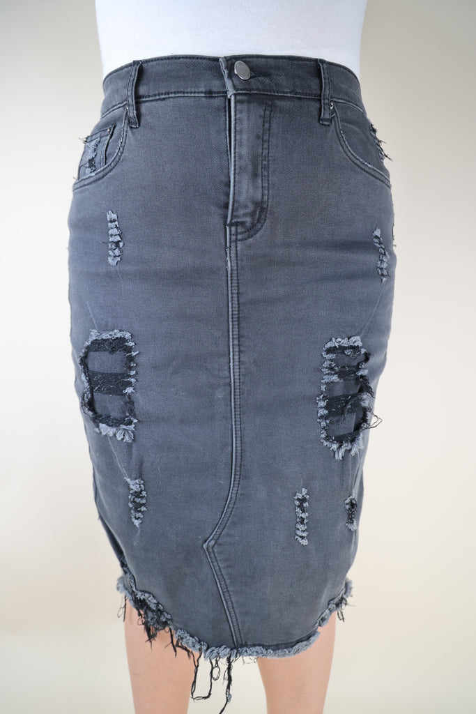 Black Stretchy Super Distressed Denim Skirt