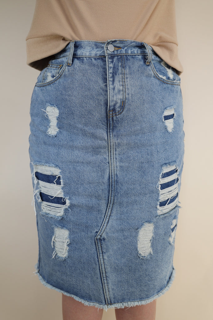 Blue Dual Denim Structured (NOT Stretchy) Distressed Denim Skirt