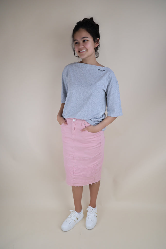 Pink Stretchy Denim Moto Skirt